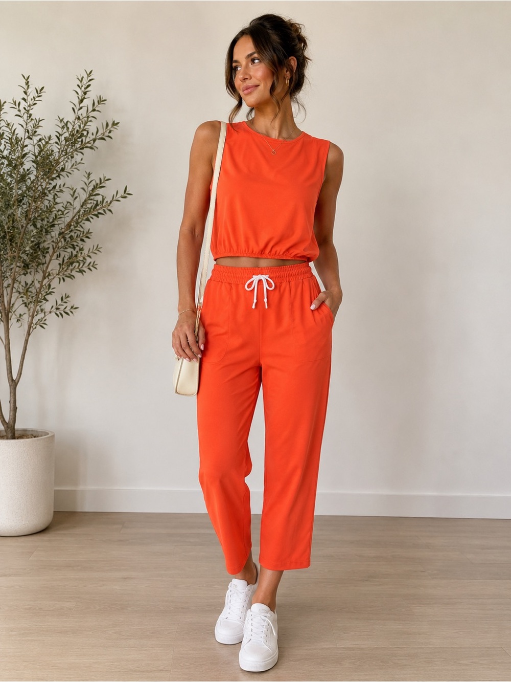 Orange Ankle-Length Cropped Jumpsuit Relaxed Fit